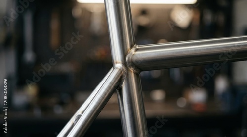 Close up of metal bicycle frame welding joint in workshop.