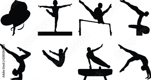 Photos Silhouettes of gymnasts performing routines on apparatus and floor exercises sho