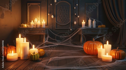 A dark room with pumpkins and candles and spider web on wooden floor
