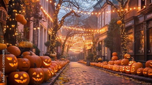 Halloween decorations line a cobblestone street with jackolanterns and orange lights at dusk