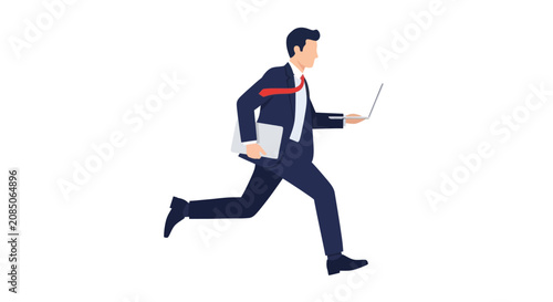 Photos Businessman running with laptop and briefcase in haste.