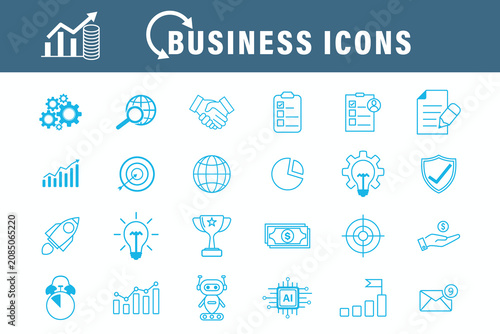Business icons set in thin line style. Vector illustrations of marketing, financial growth, AI technology, strategy, and management symbols for website design and infographics.