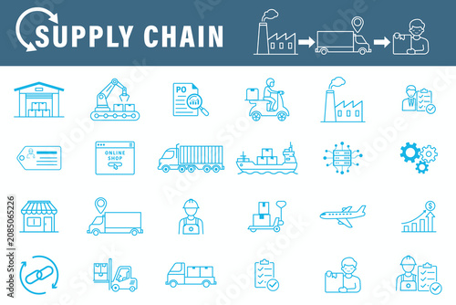 Supply chain and logistics icon set in thin line style. Vector illustrations of transportation, warehouse, delivery, manufacturing, and global cargo tracking operations.