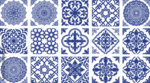 Quadro su tela Seamless pattern set of traditional blue and white azulejo style ceramic tile de