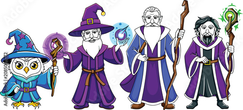 Foto Fantasy wizard characters set with magic staff owl companion sorcerer robes and