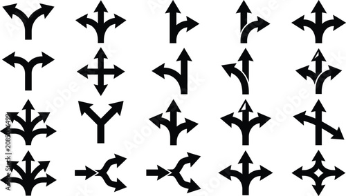 Black Arrow Silhouette Icon Set Featuring Multi Directional Road Junctions Fork Splits Ways and Navigation Pointer Symbols for Choice Strategy Maps