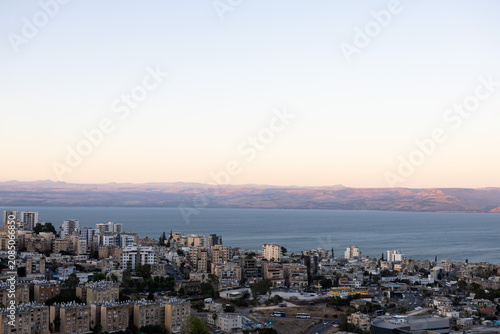 Obraz na plátně Wide panoramic view of the coastal city of Tiberias situated along the Sea of Ga