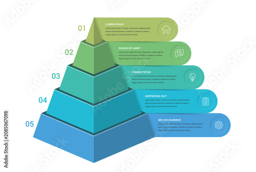 Five level isometric pyramid infographic template featuring horizontal banners extending from each layer to display sequential stages or hierarchical data categories