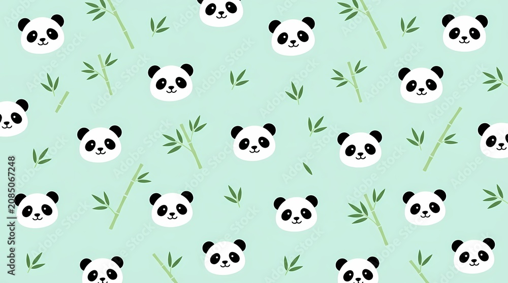 Fototapeta premium Seamless pattern with cute panda faces and bamboo leaves on green background.