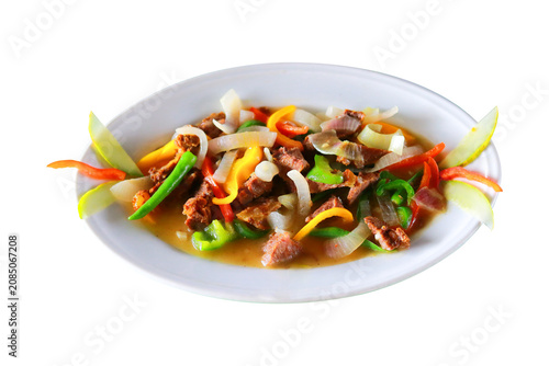 Stir Fried Beef Chili with Bell Peppers and Onions on White Background