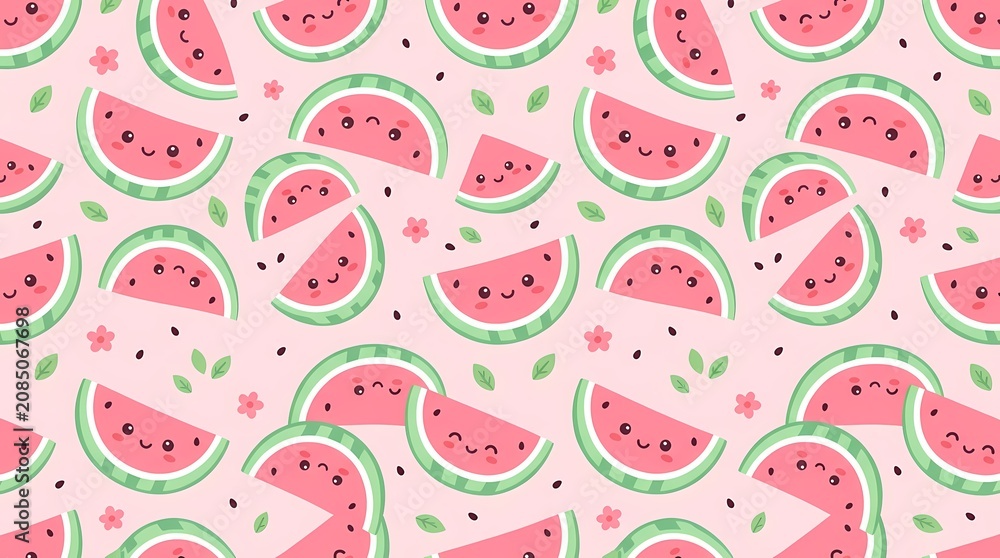 Naklejka premium Seamless pattern of watermelon slices with seeds on pink background.