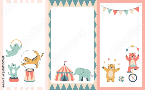 A colorful illustration of a lively circus scene with animals performing tricks and having fun with balloons and confetti in a festive environment.