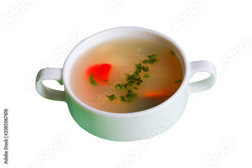 Healthy Clear Vegetable Soup with Herbs and Carrot in a White Ceramic Bowl with Handles Isolated on White Background