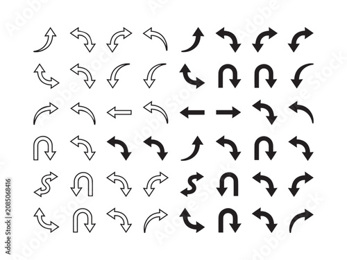 Collection of various arrow shapes and directions in a clean  silhouette vector style isolated on white background