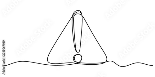 Continuous single line drawing of an exclamation mark inside a triangle warning sign symbol