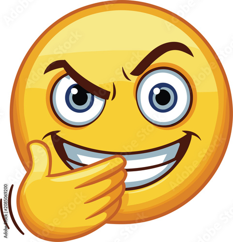 Bild auf Leinwand Mischievous yellow cartoon emoticon character covering mouth with hand plotting