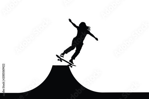 Bild auf Leinwand Skateboarder Silhouette On Ramp Black Vector Illustration Against White Backgrou