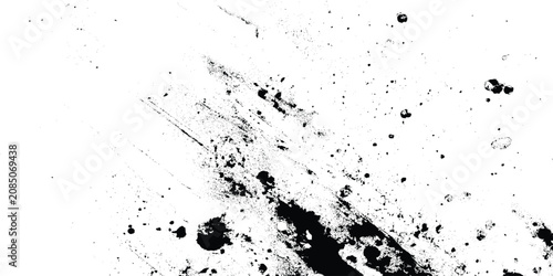 Grunge texture with black ink splatters and scratches on white background for creative design projects