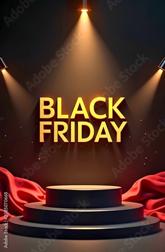 Artwork showing Black Friday text in bold gold letters, spotlight illumination, podium with glow, and red draped fabric festive background