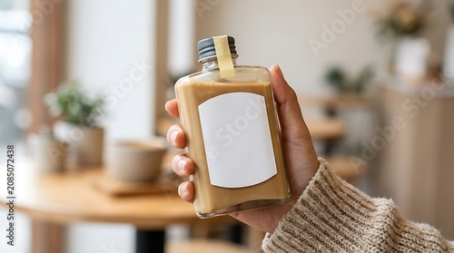 Refreshing bottled beverage, held by a hand in a blurred cafe, showcasing a blank label perfect for custom branding or product display
