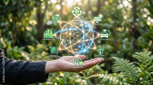 Hand Holding Digital Globe With Sustainable Energy Technology Icons for Environmental Conservation and Green Future Strategy