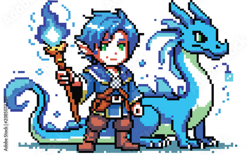 Foto Pixel art fantasy elf mage holding magic staff standing next to a blue companion