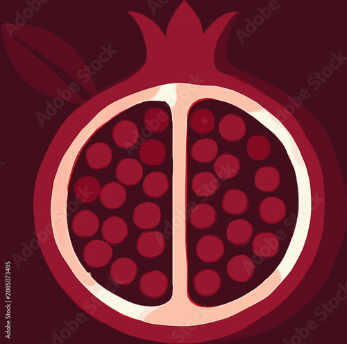 Fotografi A stylized illustration of a halved pomegranate revealing its juicy red seeds and white pith against a dark red background