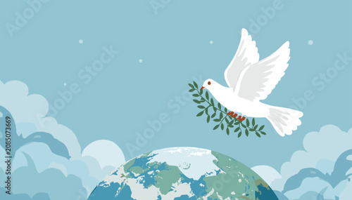 Fotografie A white dove carrying an olive branch flies over the Earth, symbolizing peace and hope for the world