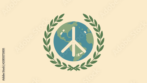 Konstfotografi A stylized flag featuring a globe with a peace symbol encircled by a laurel wreath on a cream background