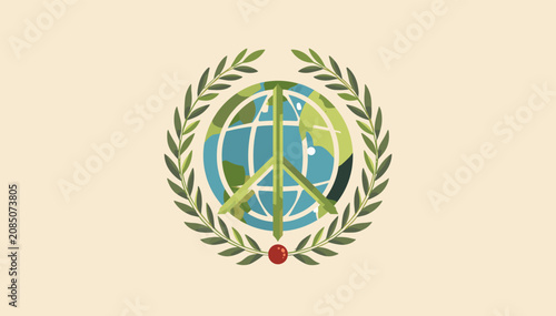 Canvastavla A stylized flag featuring a globe with a peace symbol overlaid, encircled by olive branches, symbolizing global peace and environmentalism