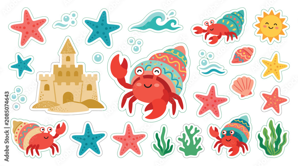 Obraz premium Colorful cartoon crabs and sea stars.