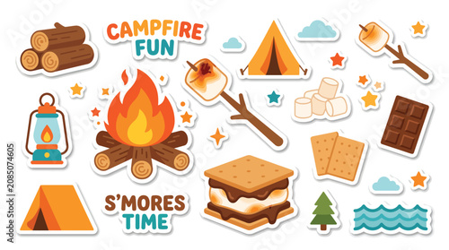 Obraz na płótnie Colorful camping and smores illustrations.