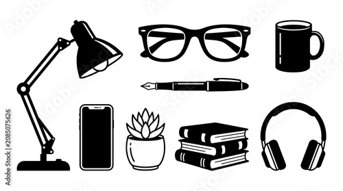 Black Office Workspace Icons Set Isolated on Transparent Background