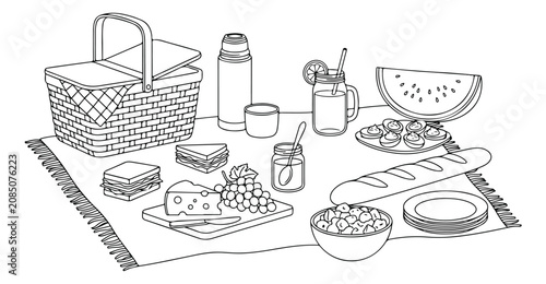Bild auf Leinwand Outdoor picnic feast vector illustration, a delightful spread of food and drinks for a summer gathering, perfect for family outings and leisure activities