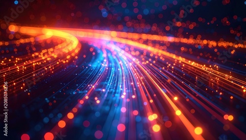 Abstract digital data stream with glowing particles and light trails.