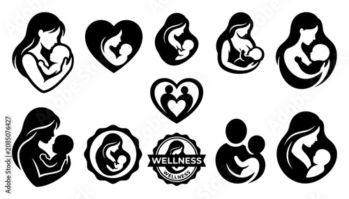 Foto Heart Wellness Icons Set with Pregnant Mother Silhouettes Holding Babies in Blac