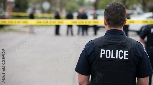 Male police officer in uniform wearing bulletproof vest marked “POLICE,” standing at secured crime scene, public safety, investigation