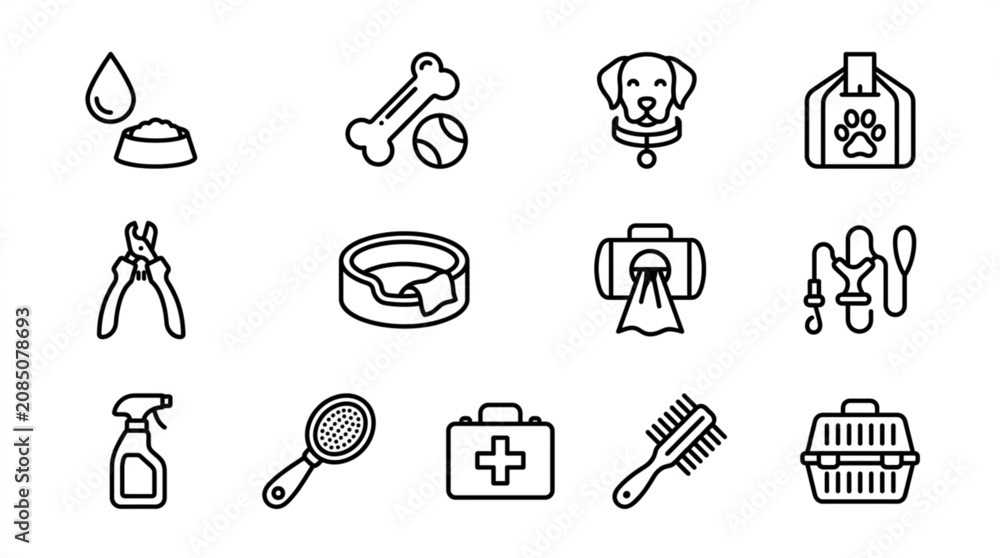 Fototapeta premium Collection of dog grooming and care icons in a simple line art style.