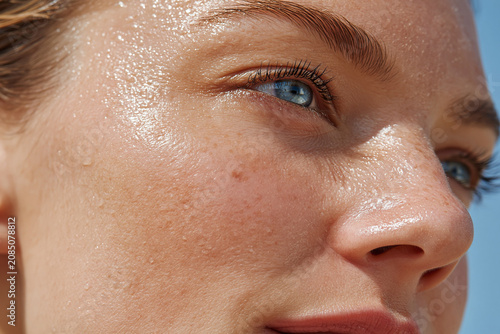 Glowing close up of dewy skin with visible freckles and blue eye, natural texture and soft water sheen conveying fresh radiance and calm confidence