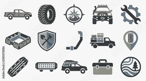 фотографія Creative Monochromatic Icon Set Featuring Off Road Vehicles Tools and Adventure