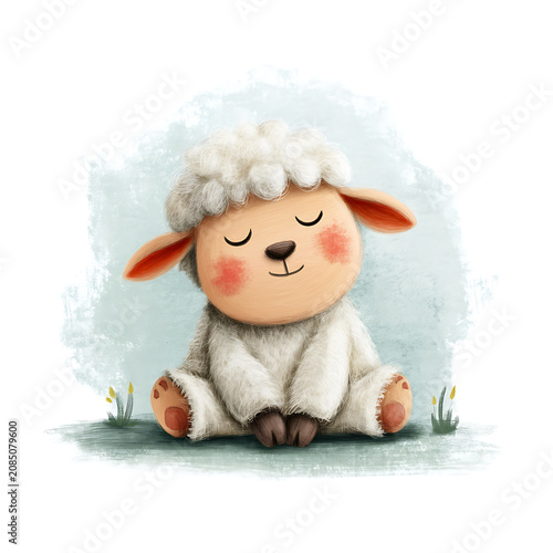 Sleepy cartoon sheep with fluffy wool resting on a white background, perfect for bedtime-themed nursery decor, lullaby illustrations, and children's sleep apps.