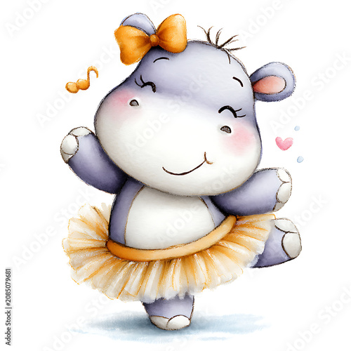 Chubby cartoon hippo wearing a tutu and dancing happily on a white background, perfect for playful stickers, nursery decor, children's books, and fun art prints.