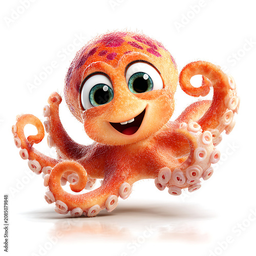 Playful cartoon octopus with lively tentacles and wide eyes on a white background, ideal for undersea-themed books, puzzles, educational graphics, and kids' activities.