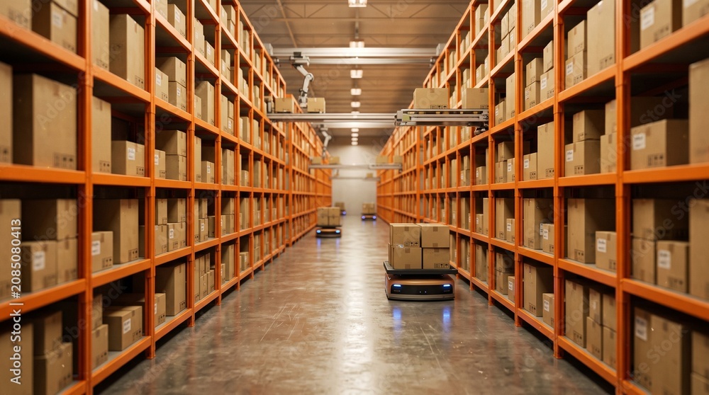 Obraz premium Automated Warehouse Robot Navigating Storage Aisle with Boxes