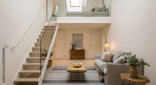Modern home interior with staircase.