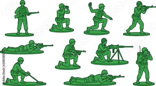 Tableau sur toile Toy Army Men Green Plastic Soldier Vector Figurine Set with Rifleman Sniper Mine