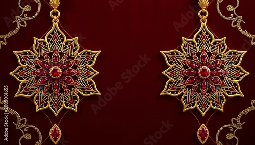 Elegant gold and ruby jewelry on dark red background