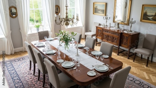 Elegant dining room with long table, set places, sideboard, and herringbone floor