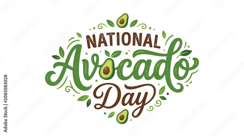 Fototapeta premium National Avocado Day logo with green and brown text and avocado illustrations on white background