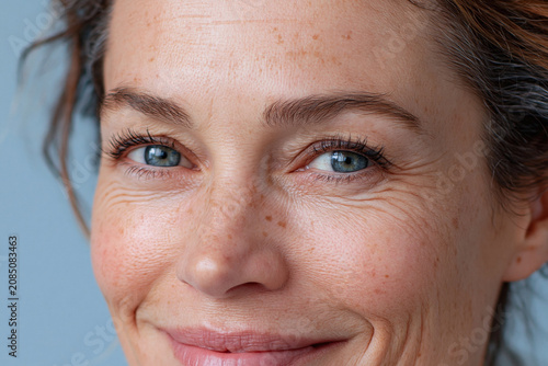 Smiling woman close up blue eye crow feet freckles natural skin texture mild skin dehydration lines pastel sky blue background studio portrait